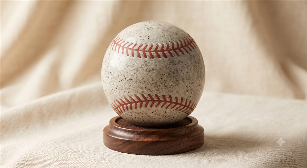 Concept render of an ivory memorial baseball with terracotta stitching, resting on a wooden display stand.