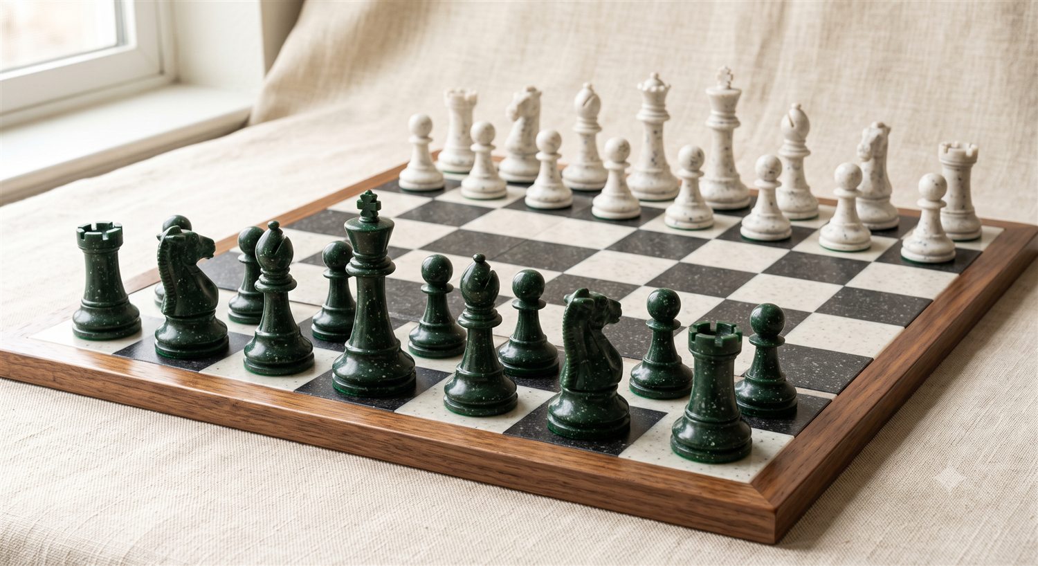 The complete memorial chess set: deep green speckled pieces against ivory, on a walnut-framed board.