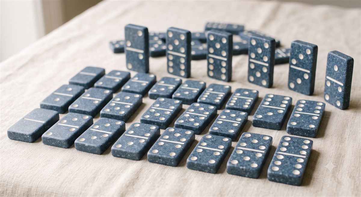 Concept render of slate-blue speckled dominoes with ivory pips, laid out mid-game on cream linen.
