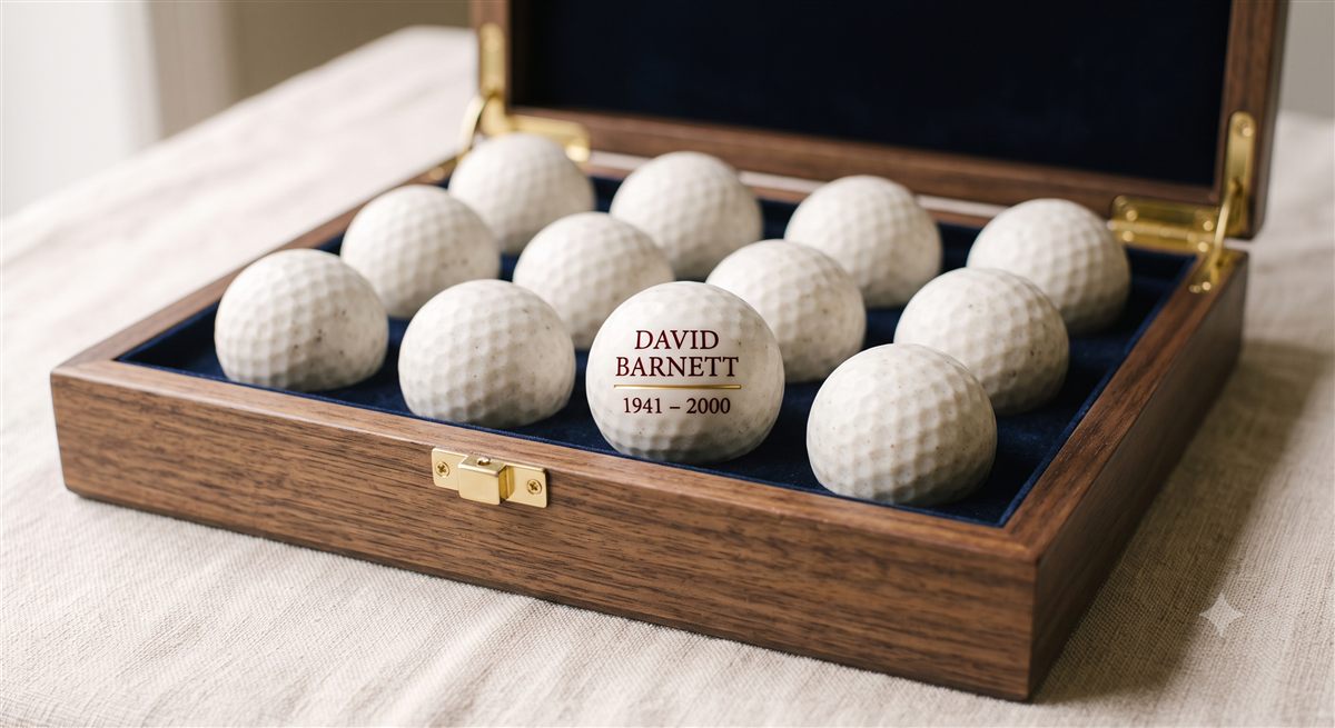Concept render of a dozen ivory memorial golf balls in a walnut presentation box, each personalized DAVID BARNETT 1941–2000.