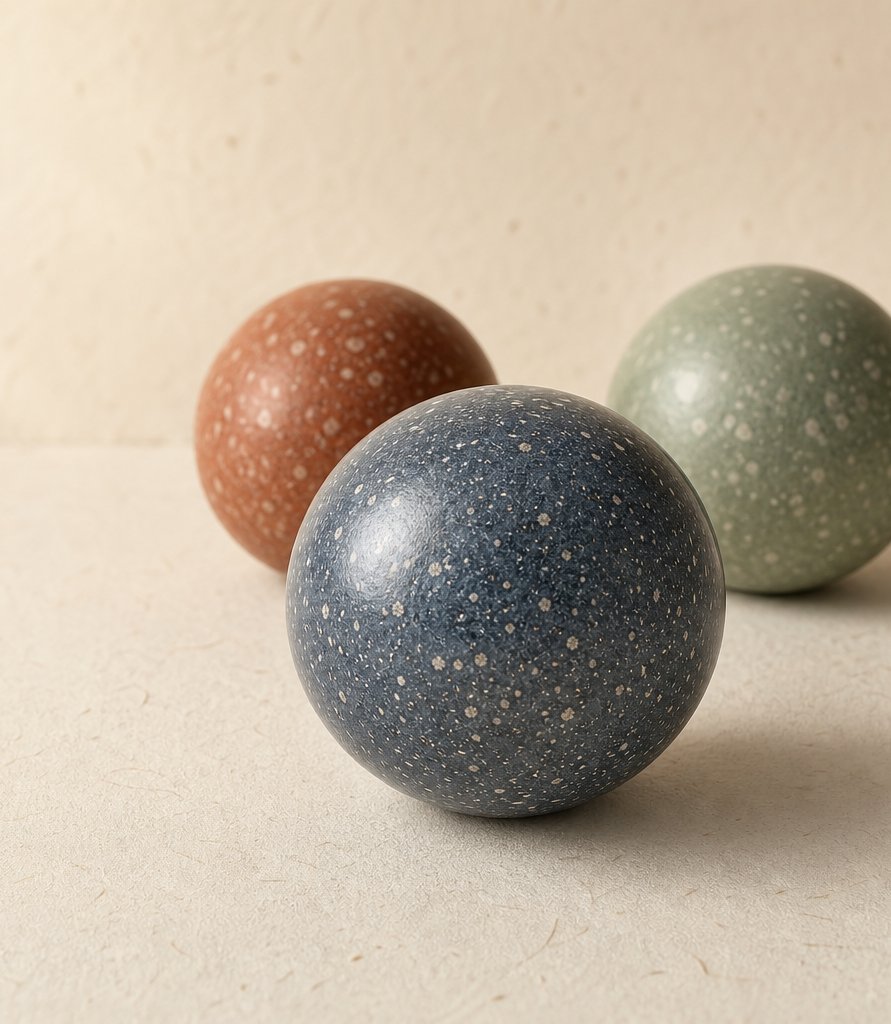 Three memorial pearls — slate blue, terracotta and sage — each flecked with natural white crystal, on a warm ivory ground.