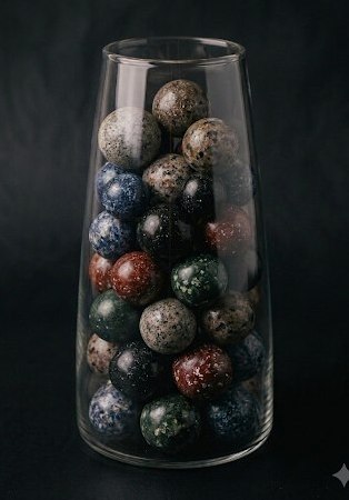 A tall glass vase filled with speckled memorial pearls — slate, oxblood, sage, ivory and charcoal — against a deep charcoal ground.