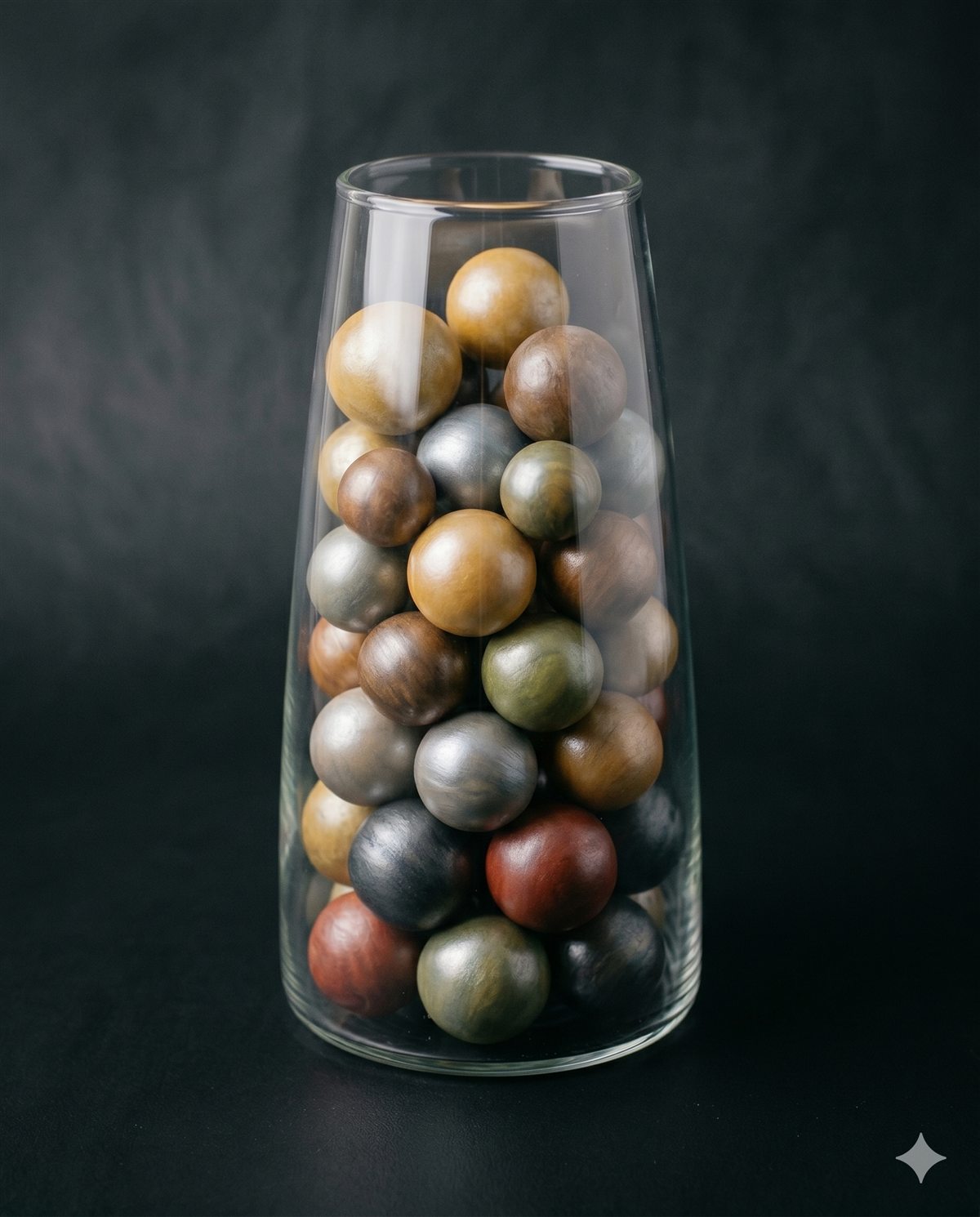 A tall glass vase filled with memorial pearls in earth tones — gold, silver, sage, oxblood and walnut — against a deep charcoal ground.