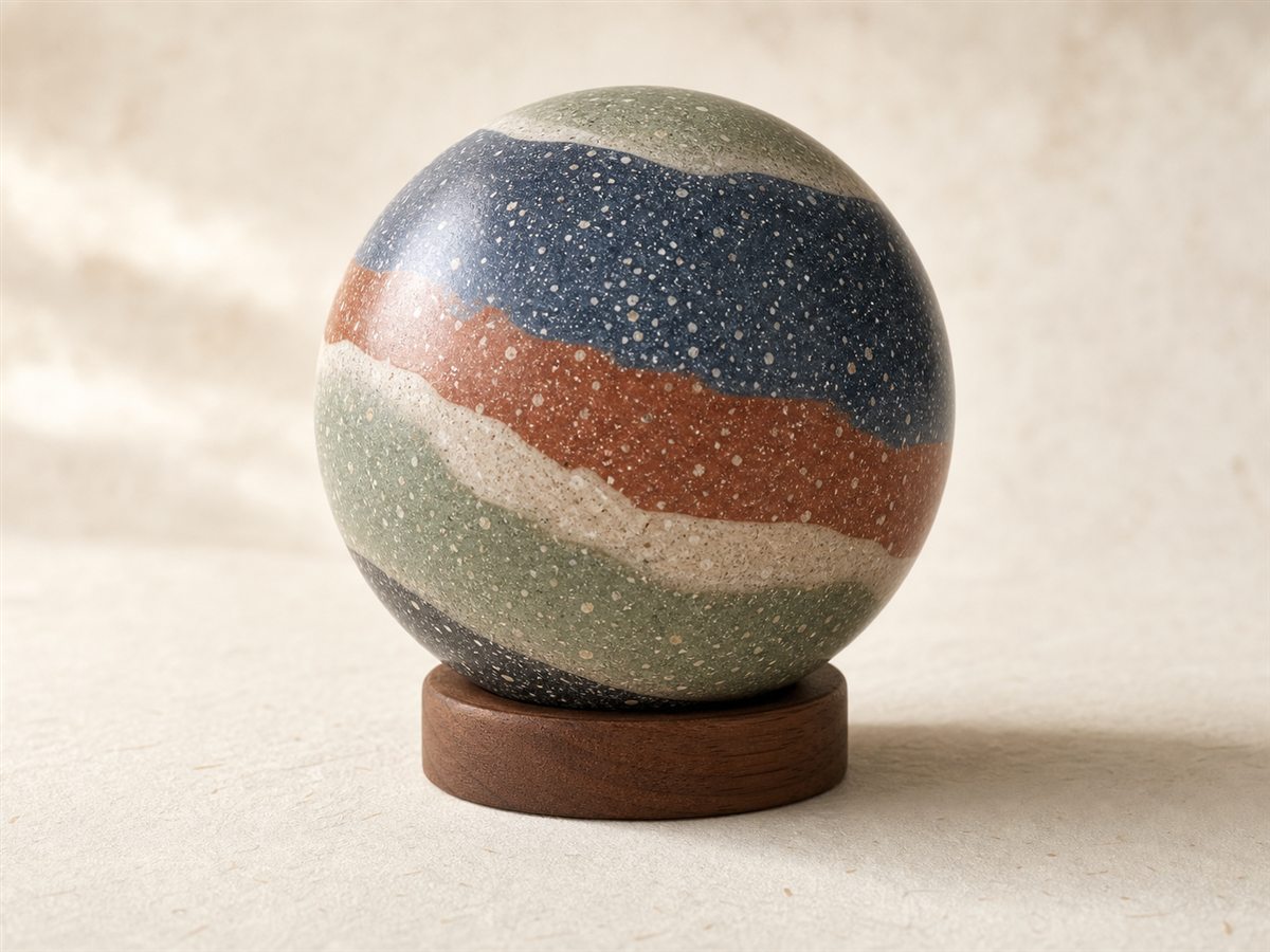 A keepsake orb banded in slate, terracotta, sage and ivory, resting on a walnut stand.