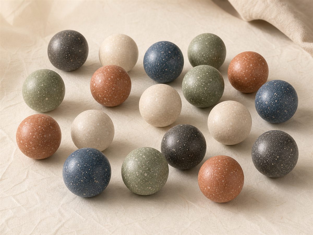 A pearl set in all five colors — slate, terracotta, sage, ivory and charcoal — spread across cream linen.