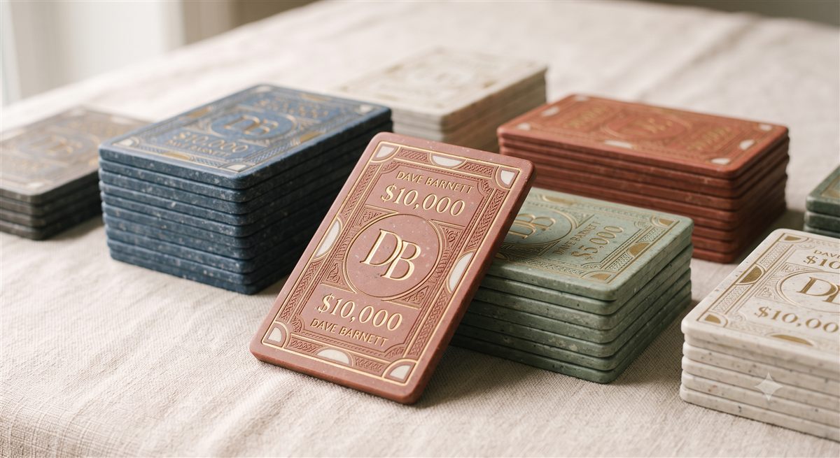 Concept render of casino-weight memorial poker plaques monogrammed DAVE BARNETT with a $10,000 denomination.